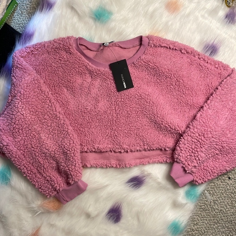 Nwt Fashion Nova Cozy Thoughts Sherpa Long Sleeve Cropped Pullover